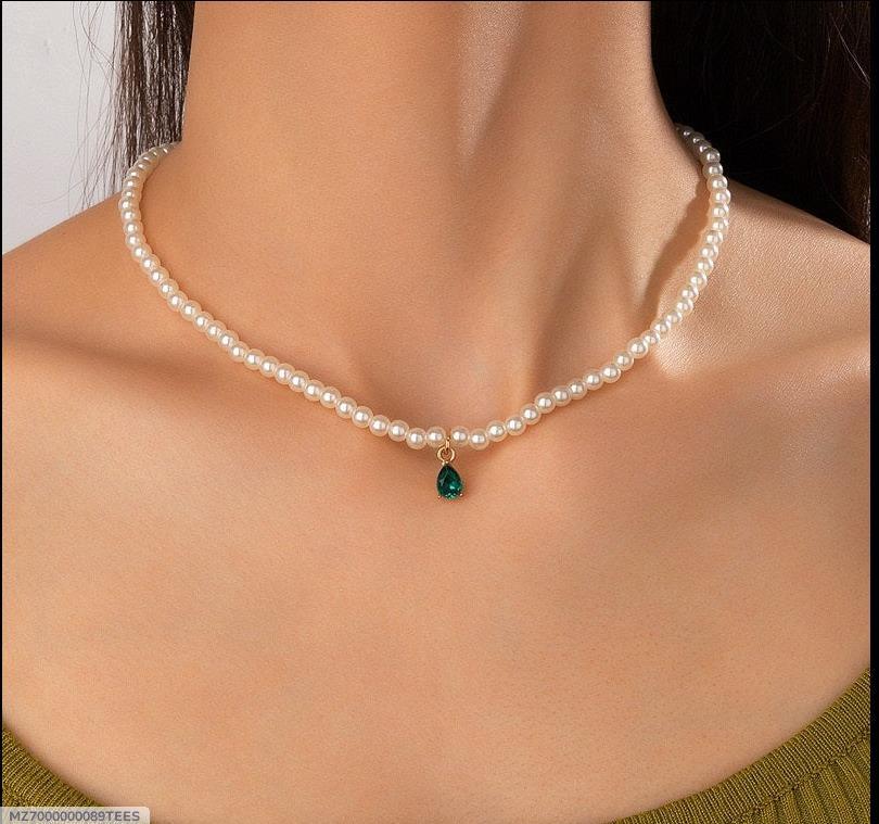 Women Pearl Necklace with Green Gemstone Pendant