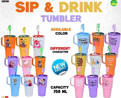 Sip & Drink Cartoon Tumbler 750ml – Kids Water Bottle with Straw & Handle | BPA Free Cute Character Cup for School & Travel